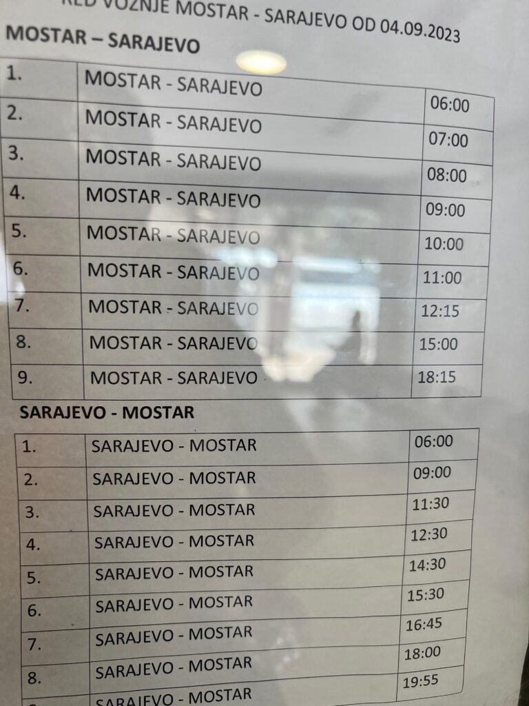 Sarajevo to Mostar Bus Timing